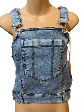 Love Trends Acid Wash Denim Overall Crop Top Blue Jean Large